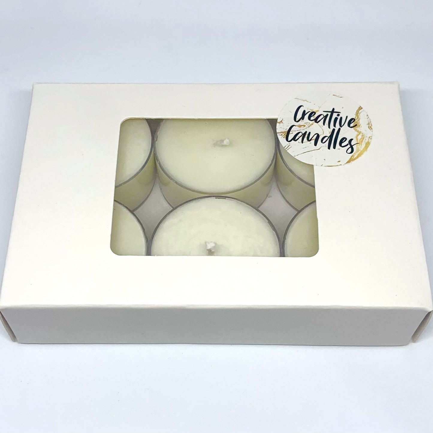 Pack of 6 Soy Wax Tealights against white background.