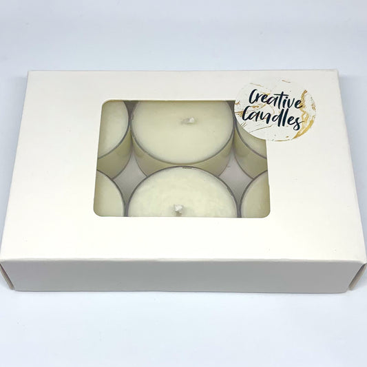 Pack of 6 Soy Wax Tealights against white background.